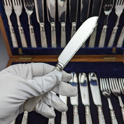 1930年左右英國復古白蝴蝶貝柄魚餐具12對套裝盒裝